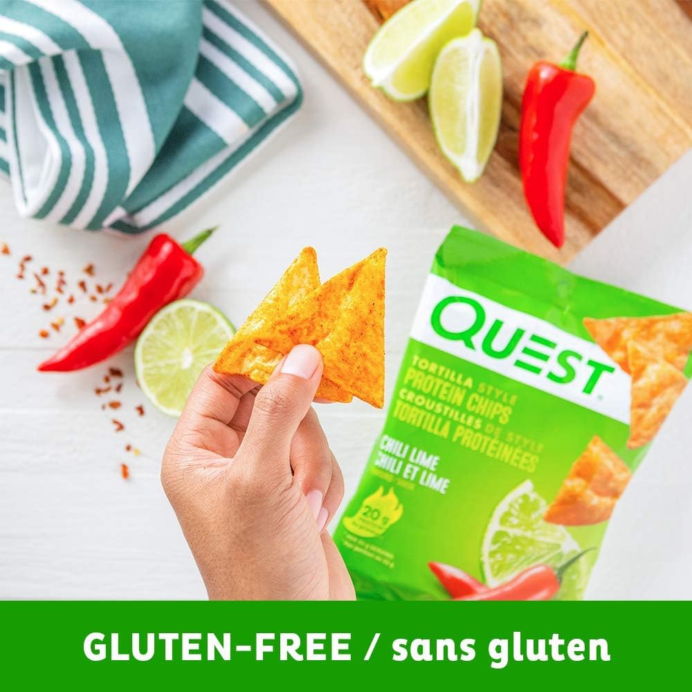 Quest Nutrition Chili Lime Flavour Tortilla Style Protein Chips, High Protein, Baked, Not Fried, Gluten Free, 1g Sugar, 4g Carbs, 8ct