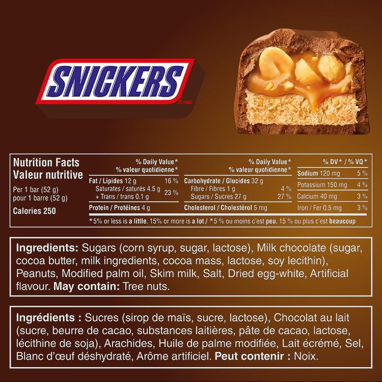 SNICKERS, Peanut Milk Chocolate Candy Bars, 4 Full Size Bars, 208g