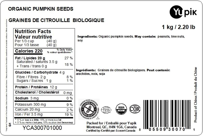 Yupik Organic Raw Pumpkin Seeds, No Shell, 1 kg, Gluten-Free, Non-GMO, Kosher, Vegan, Shelled Pepitas, Salt-Free, Plant-Based Protein, Source of Fiber, Healthy Snacks, Ideal for Baking & Topping