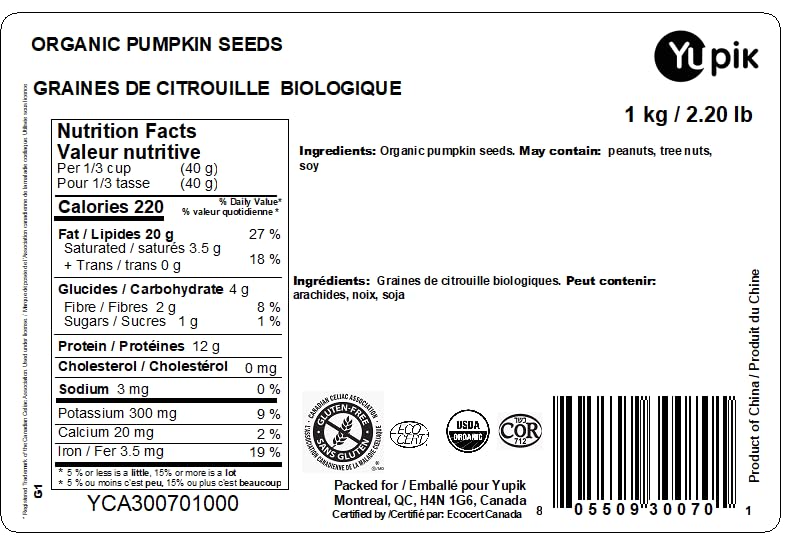 Yupik Organic Raw Pumpkin Seeds, No Shell, 1 kg, Gluten-Free, Non-GMO, Kosher, Vegan, Shelled Pepitas, Salt-Free, Plant-Based Protein, Source of Fiber, Healthy Snacks, Ideal for Baking & Topping