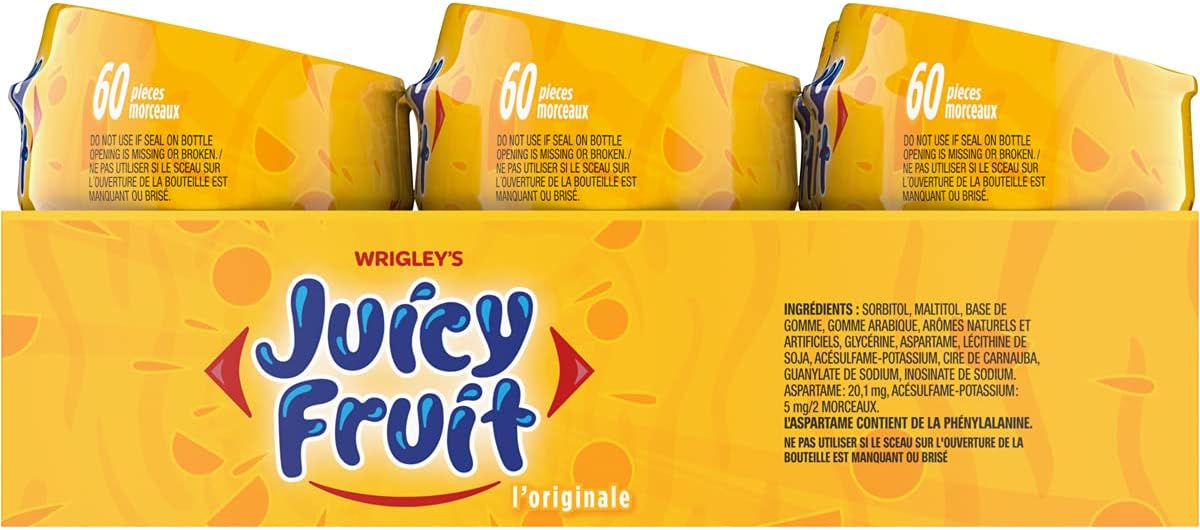 JUICY FRUIT, Fruit Flavoured Chewing Gum, 60 Pieces, 6 Bottles