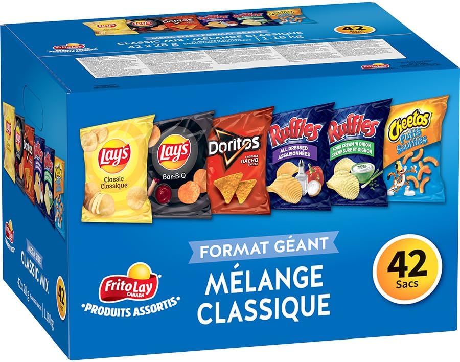 Frito-Lay Variety Pack (Lay's Classic, Lay's Bar-B-Q, Doritos Nacho Cheese, Ruffles All Dressed, Ruffles Sour Cream & Onion, Cheetos Puffs), 42 bags x 28g, Chips Snack Box