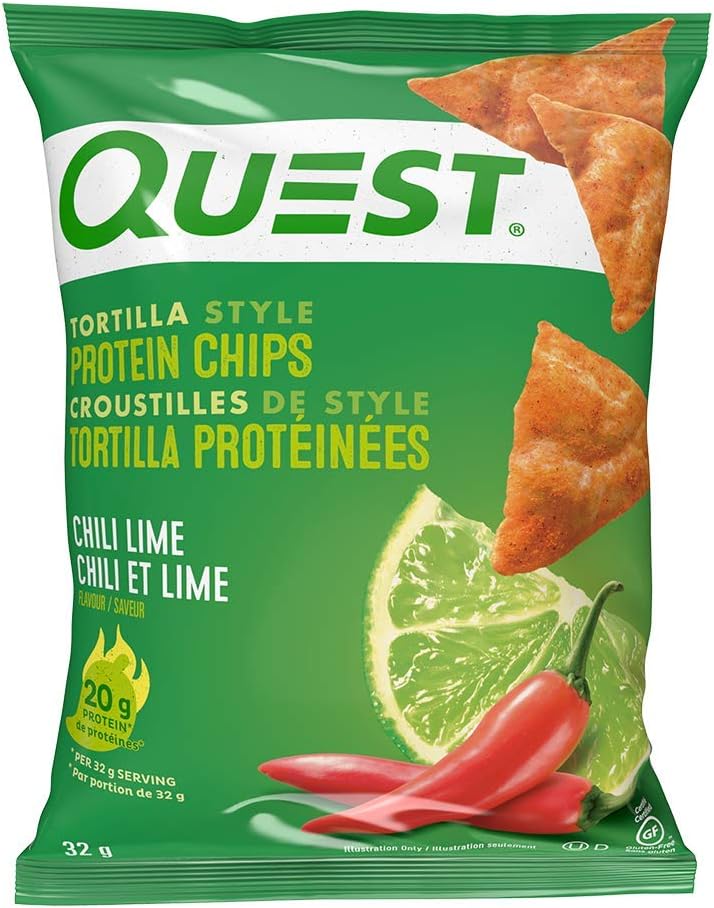 Quest Nutrition Chili Lime Flavour Tortilla Style Protein Chips, High Protein, Baked, Not Fried, Gluten Free, 1g Sugar, 4g Carbs, 8ct