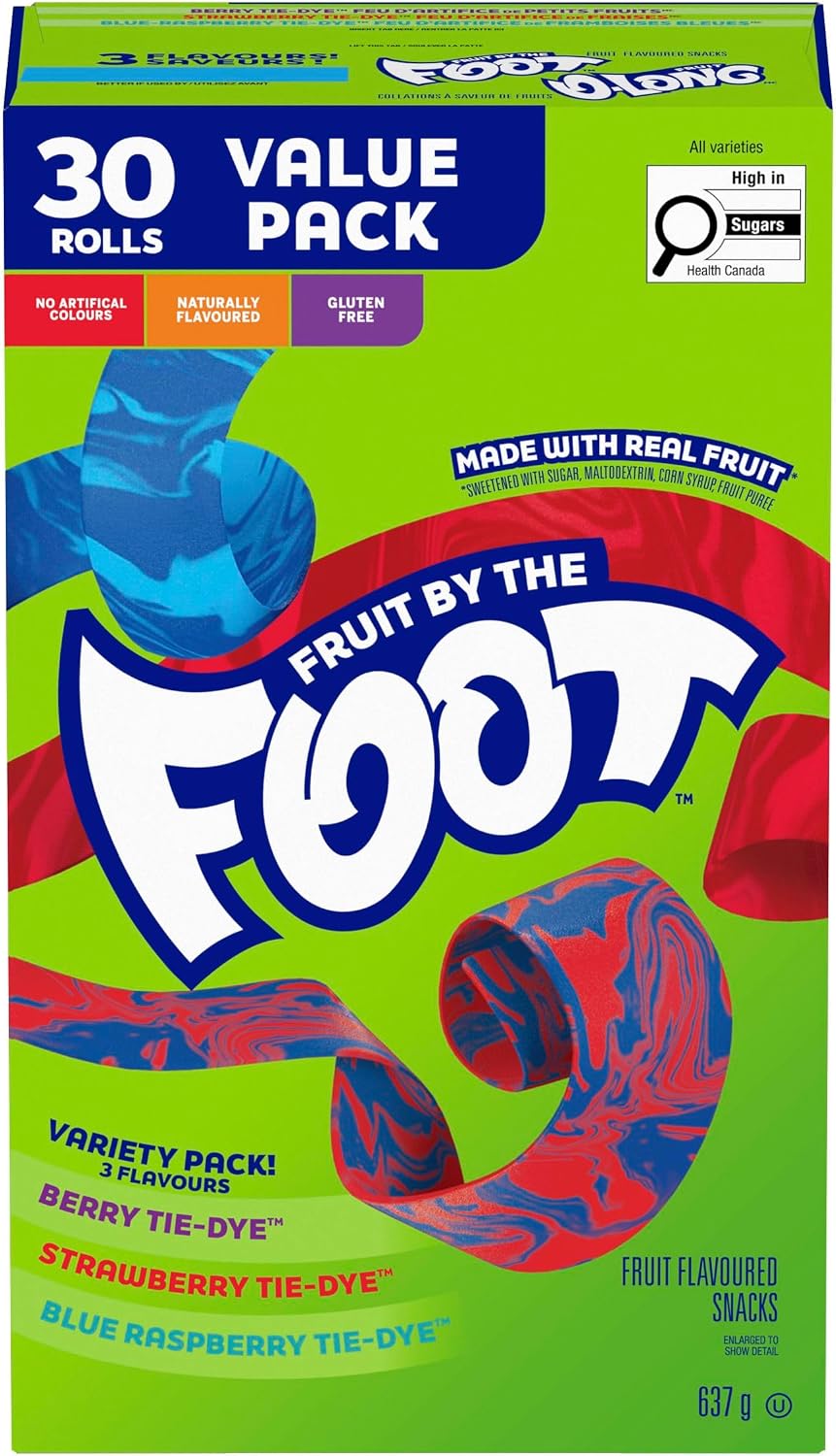 BETTY CROCKER FRUIT BY THE FOOT - VALUE PACK SIZE - Strawberry, Blue Raspberry, Berry Tie-Dye Fruit Flavoured Snacks, Pack of 30 Rolls, 637 Grams Package of Fruit Flavoured Snacks
