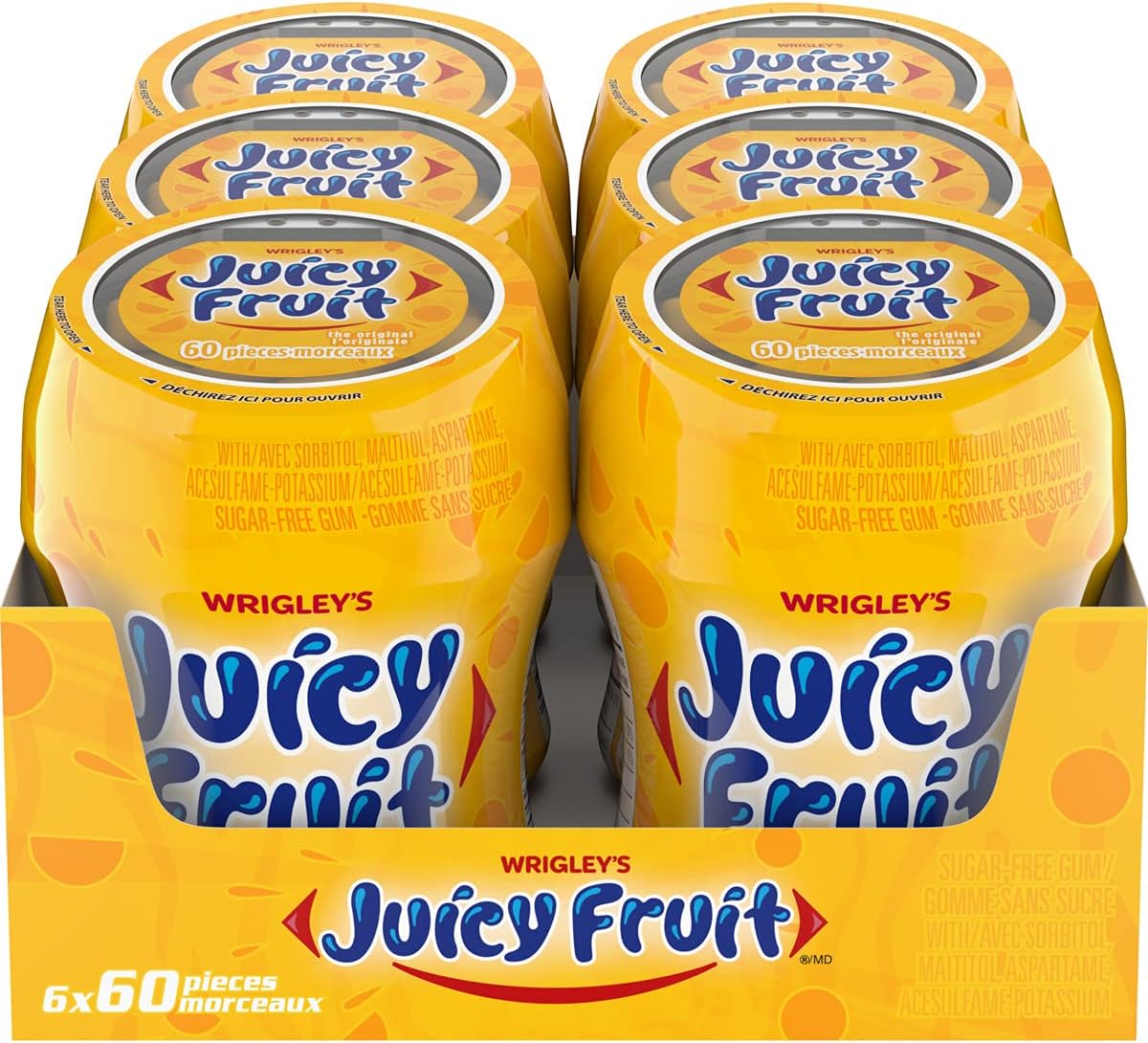 JUICY FRUIT, Fruit Flavoured Chewing Gum, 60 Pieces, 6 Bottles