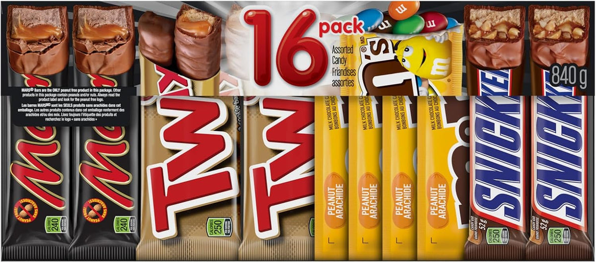 MARS, TWIX & M&M’S Peanut Assorted Chocolate Candy Bars Variety Pack, 16 Full Size Bars (840g) – Individually Wrapped Mixed Chocolate Favourites