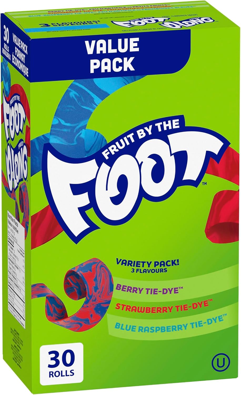 BETTY CROCKER FRUIT BY THE FOOT - VALUE PACK SIZE - Strawberry, Blue Raspberry, Berry Tie-Dye Fruit Flavoured Snacks, Pack of 30 Rolls, 637 Grams Package of Fruit Flavoured Snacks