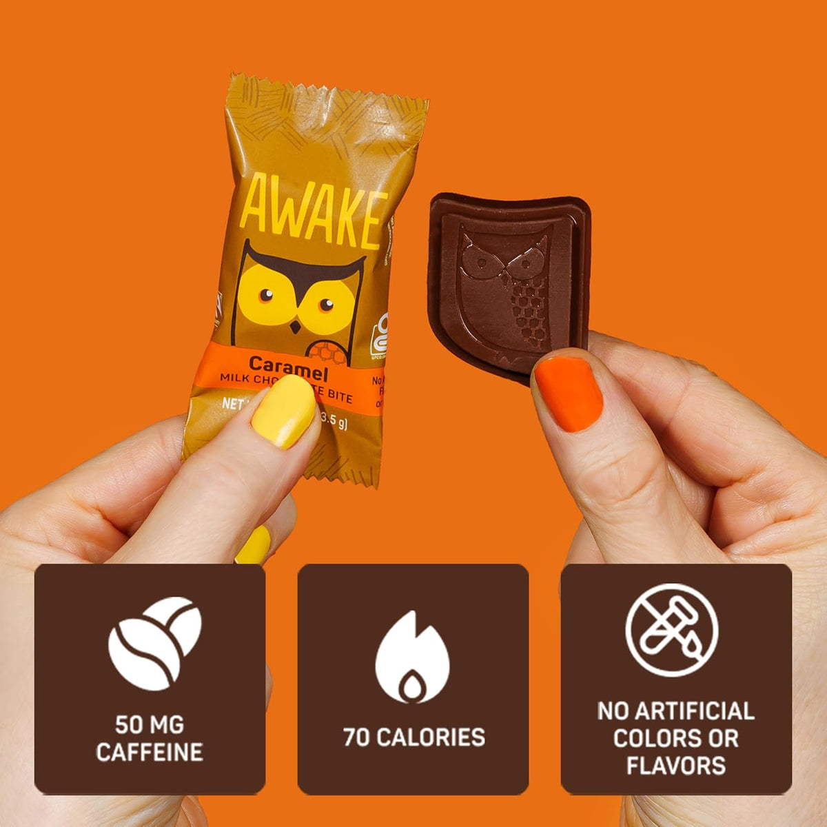 AWAKE - Caffeinated Chocolate Bites - Caramel Milk Chocolate, 50 Count - 50mg Caffeine - Individually Wrapped Energy Bites - Coffee Alternative - Fairtrade, Gluten Free, Non GMO - 0.48oz