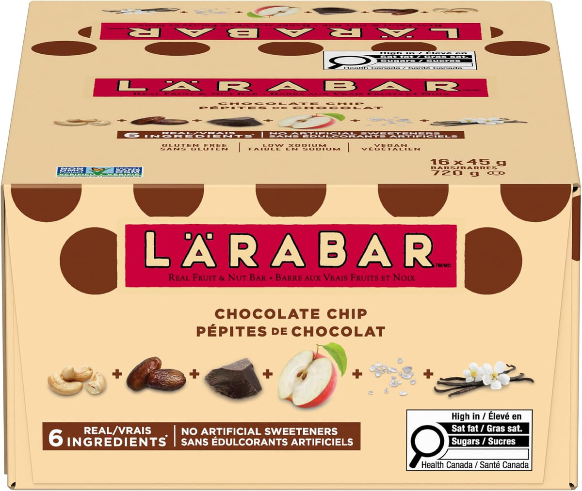 LÄRABAR Chocolate Chip, Fruit and Nut Energy Bar, Pack of 16 Bars, Gluten Free, Vegan, Family Pack, Snack Bars, 720 Grams Package