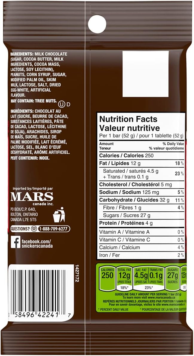 SNICKERS, Peanut Milk Chocolate Candy Bars, 4 Full Size Bars, 208g
