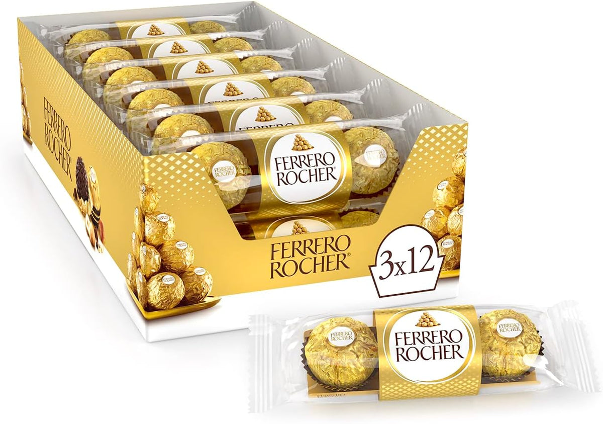FERRERO ROCHER Fine Hazelnut Milk Chocolates - 3-Piece 37.5 g Pack x 12