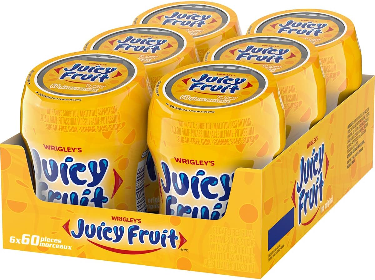 JUICY FRUIT, Fruit Flavoured Chewing Gum, 60 Pieces, 6 Bottles