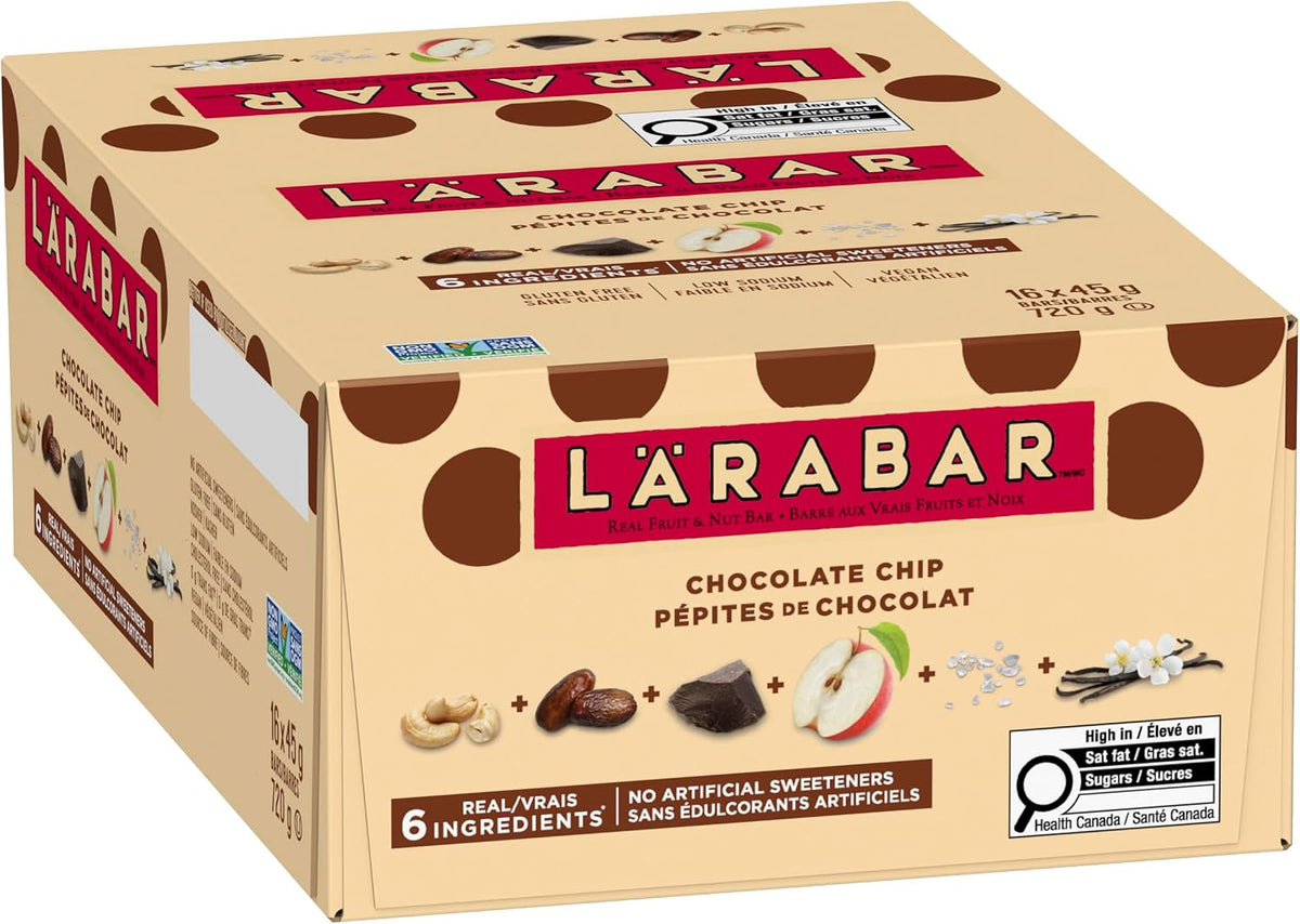 LÄRABAR Chocolate Chip, Fruit and Nut Energy Bar, Pack of 16 Bars, Gluten Free, Vegan, Family Pack, Snack Bars, 720 Grams Package