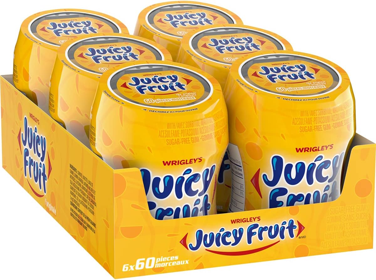 JUICY FRUIT, Fruit Flavoured Chewing Gum, 60 Pieces, 6 Bottles