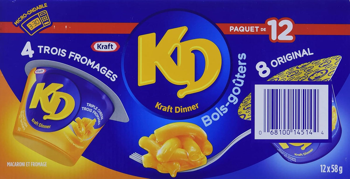 KD Kraft Dinner Three Cheese and Original Macaroni & Cheese Snack Cups, 58 g, 12 ct Case (Pack of 1)