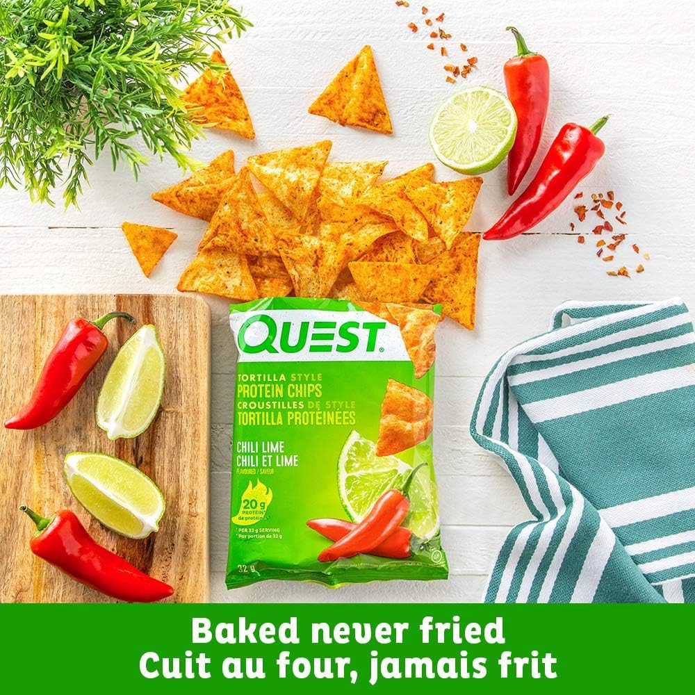 Quest Nutrition Chili Lime Flavour Tortilla Style Protein Chips, High Protein, Baked, Not Fried, Gluten Free, 1g Sugar, 4g Carbs, 8ct