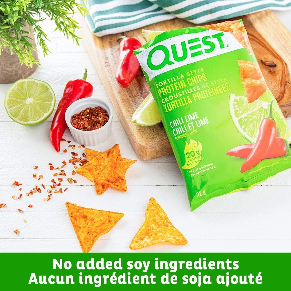 Quest Nutrition Chili Lime Flavour Tortilla Style Protein Chips, High Protein, Baked, Not Fried, Gluten Free, 1g Sugar, 4g Carbs, 8ct