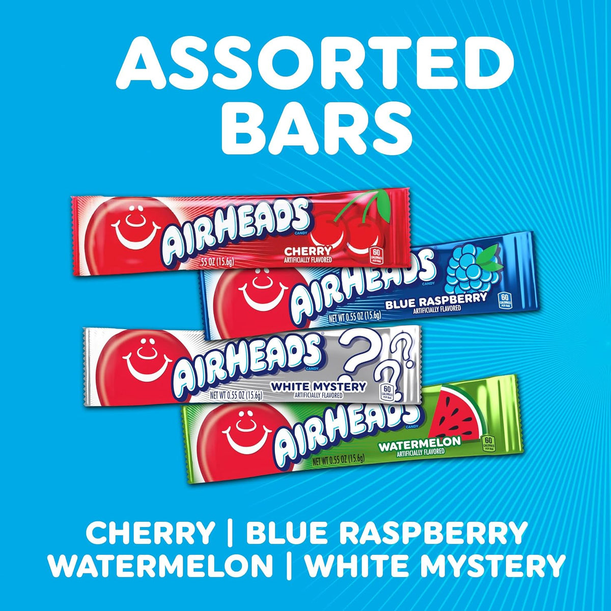 Airheads, Gravity Feed Assorted Candy - Box of 60 Individually Wrapped Bars, 15.6g per bar