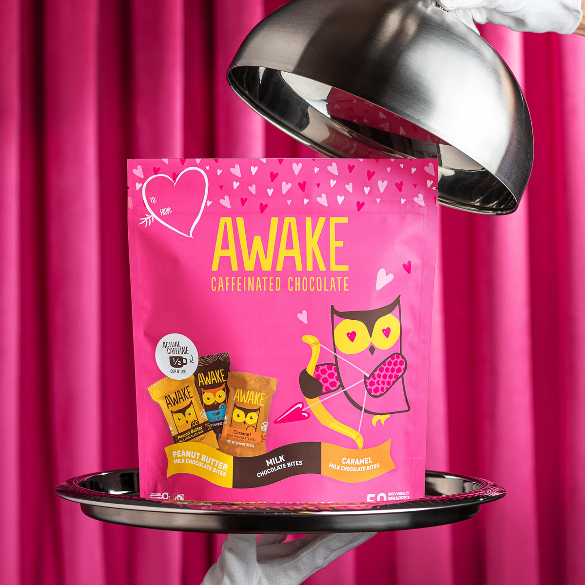 AWAKE - Caffeinated Chocolate Bites - Caramel Milk Chocolate, 50 Count - 50mg Caffeine - Individually Wrapped Energy Bites - Coffee Alternative - Fairtrade, Gluten Free, Non GMO - 0.48oz