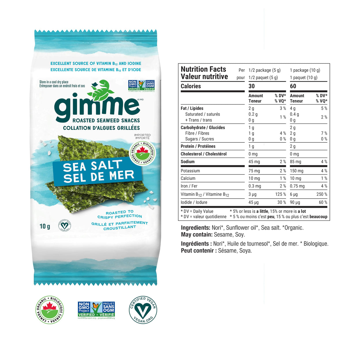 gimMe Organic Roasted Seaweed Sea Salt Favour Snacks 30g Multipack 6 x 5g