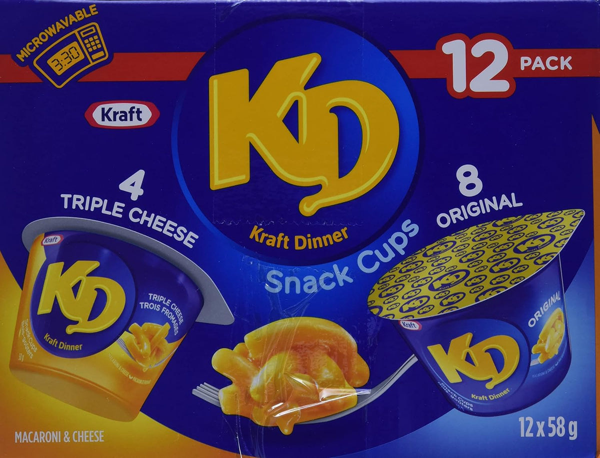 KD Kraft Dinner Three Cheese and Original Macaroni & Cheese Snack Cups, 58 g, 12 ct Case (Pack of 1)