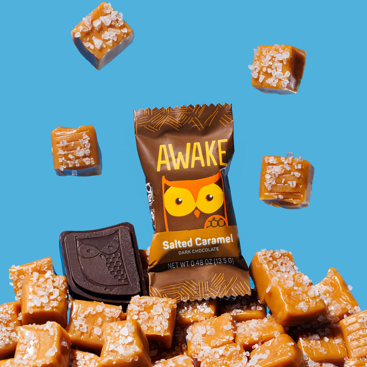 AWAKE - Caffeinated Chocolate Bites - Caramel Milk Chocolate, 50 Count - 50mg Caffeine - Individually Wrapped Energy Bites - Coffee Alternative - Fairtrade, Gluten Free, Non GMO - 0.48oz