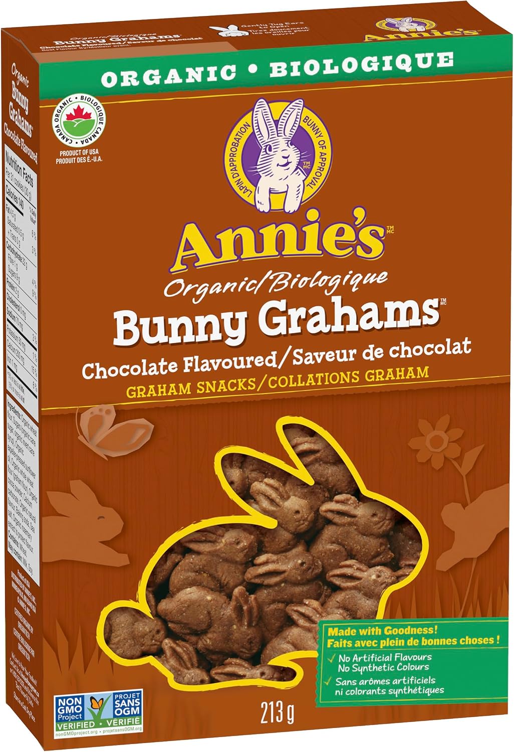 ANNIE'S Chocolate Graham Cookies Snacks, Organic, No Artificial Flavours, No Synthetic Colours, 213 Grams Package of Bunny Shaped Cookies, Chocolate