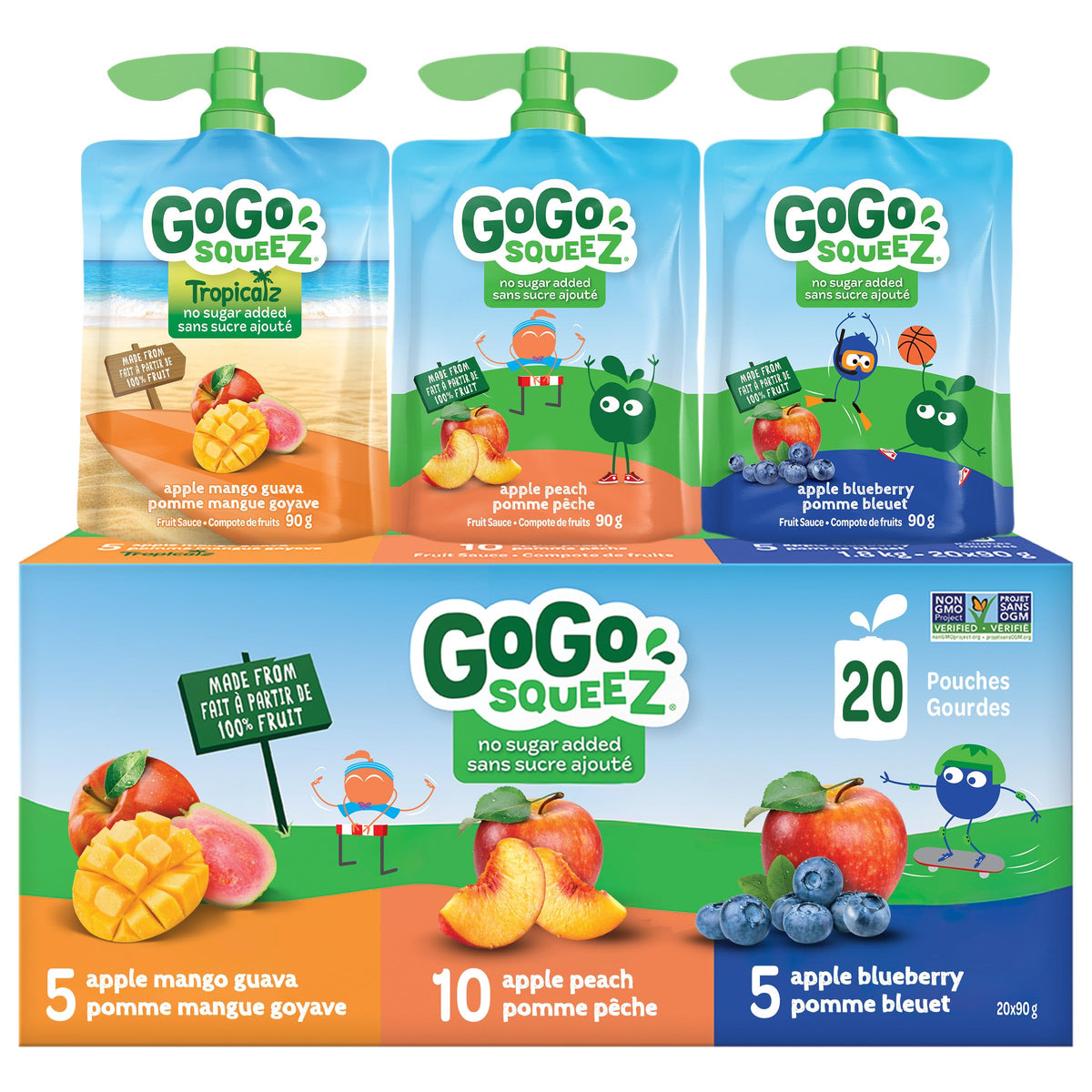GoGo squeeZ Fruit Sauce Variety Pack, Apple, Strawberry, Peach, Banana, No Sugar Added. 90g per pouch, Pack of 20
