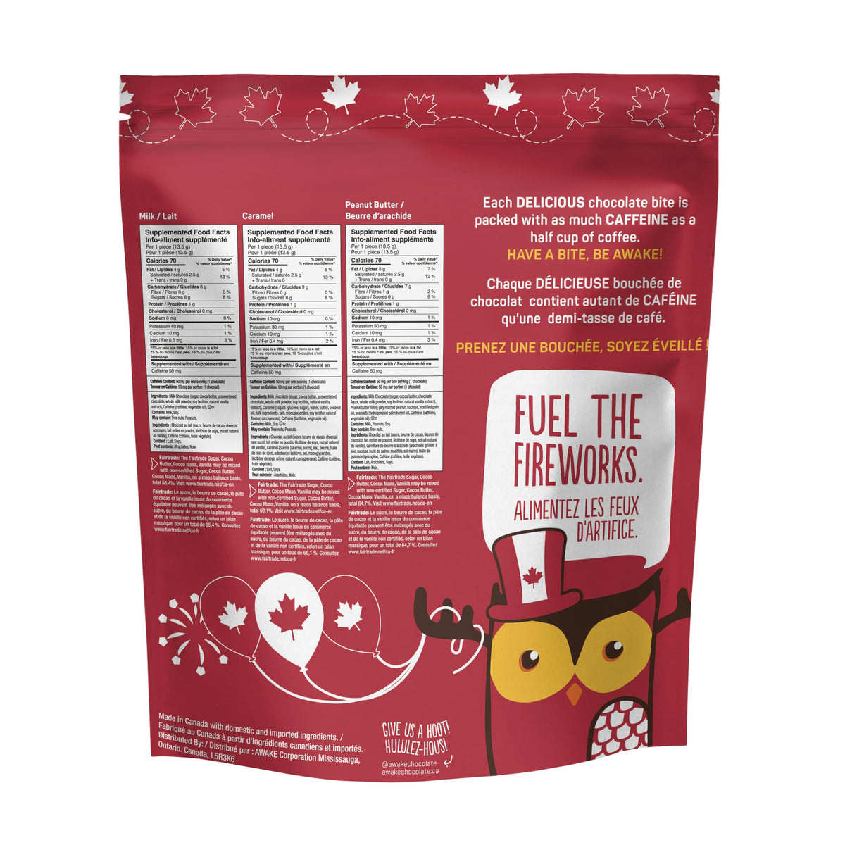 AWAKE - Caffeinated Chocolate Bites - Caramel Milk Chocolate, 50 Count - 50mg Caffeine - Individually Wrapped Energy Bites - Coffee Alternative - Fairtrade, Gluten Free, Non GMO - 0.48oz