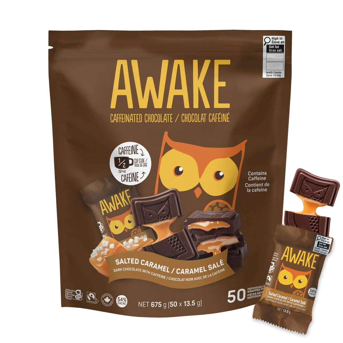 AWAKE - Caffeinated Chocolate Bites - Caramel Milk Chocolate, 50 Count - 50mg Caffeine - Individually Wrapped Energy Bites - Coffee Alternative - Fairtrade, Gluten Free, Non GMO - 0.48oz