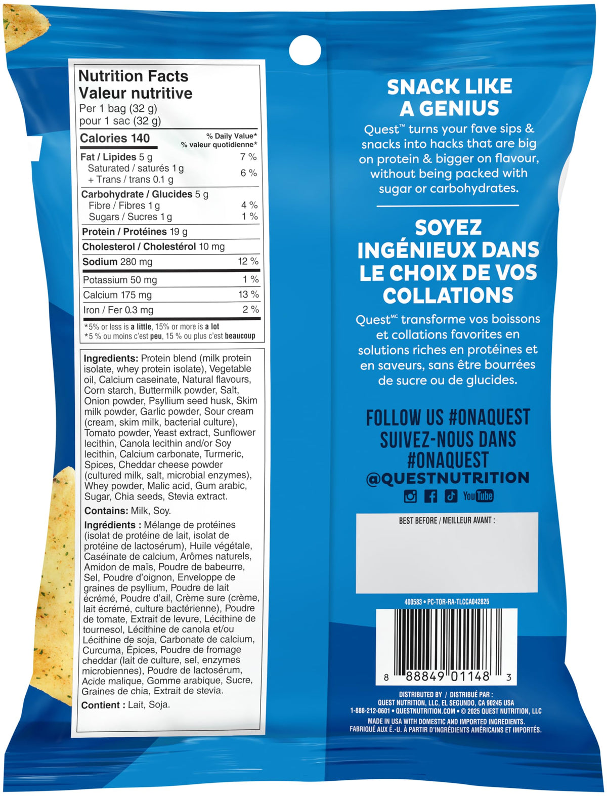 Quest Nutrition Chili Lime Flavour Tortilla Style Protein Chips, High Protein, Baked, Not Fried, Gluten Free, 1g Sugar, 4g Carbs, 8ct