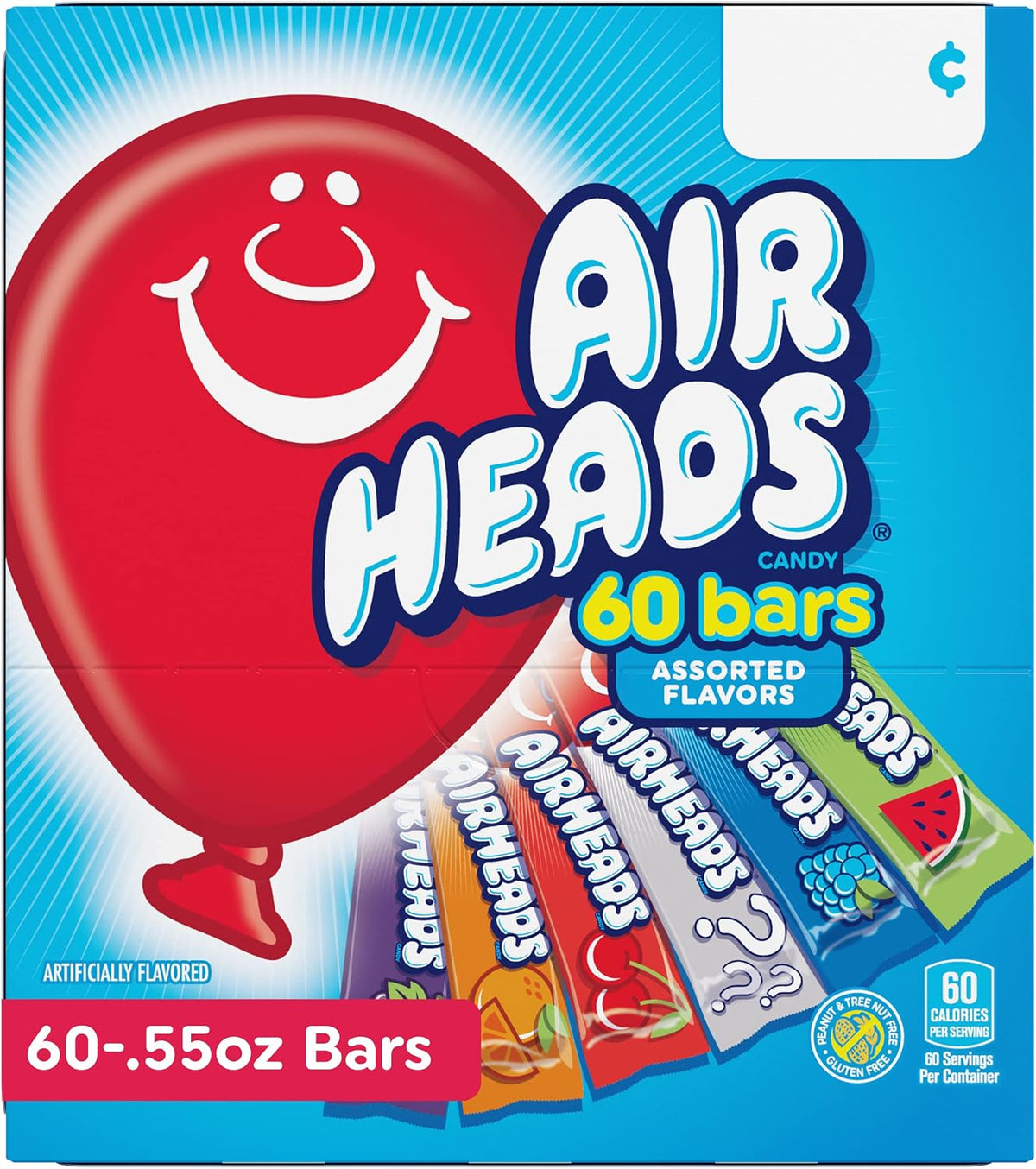Airheads, Gravity Feed Assorted Candy - Box of 60 Individually Wrapped Bars, 15.6g per bar