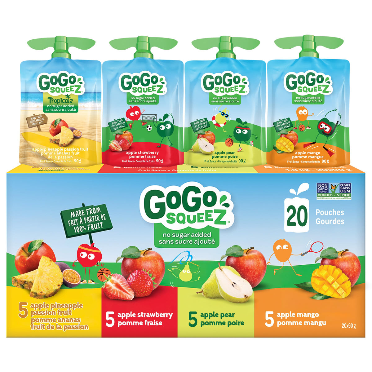 GoGo squeeZ Fruit Sauce Variety Pack, Apple, Strawberry, Peach, Banana, No Sugar Added. 90g per pouch, Pack of 20