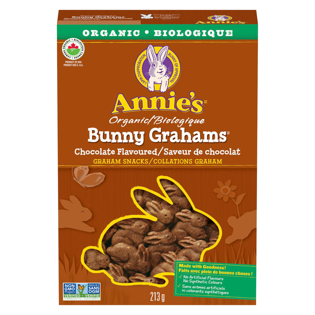ANNIE'S Chocolate Graham Cookies Snacks, Organic, No Artificial Flavours, No Synthetic Colours, 213 Grams Package of Bunny Shaped Cookies, Chocolate