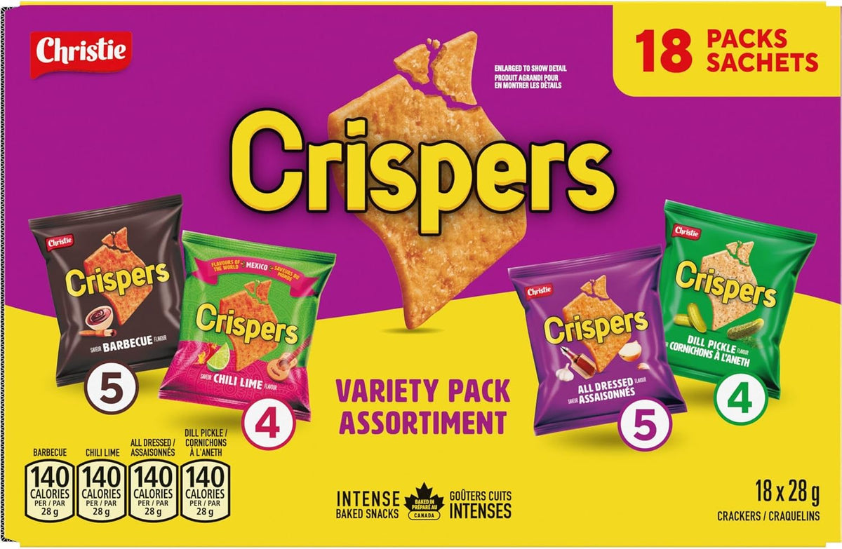 CRISPERS Variety Pack Crackers, 18 Snack Packs, 28g Each, 504g Box