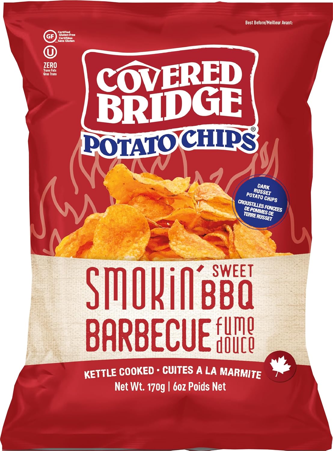 Covered Bridge Potato Chips – Smokin’ Sweet BBQ Chips 170g Size Bag – Gluten Free, Kosher, Kettle Cooked with Dark Russet Potatoes, Made in Canada, 170g Bag