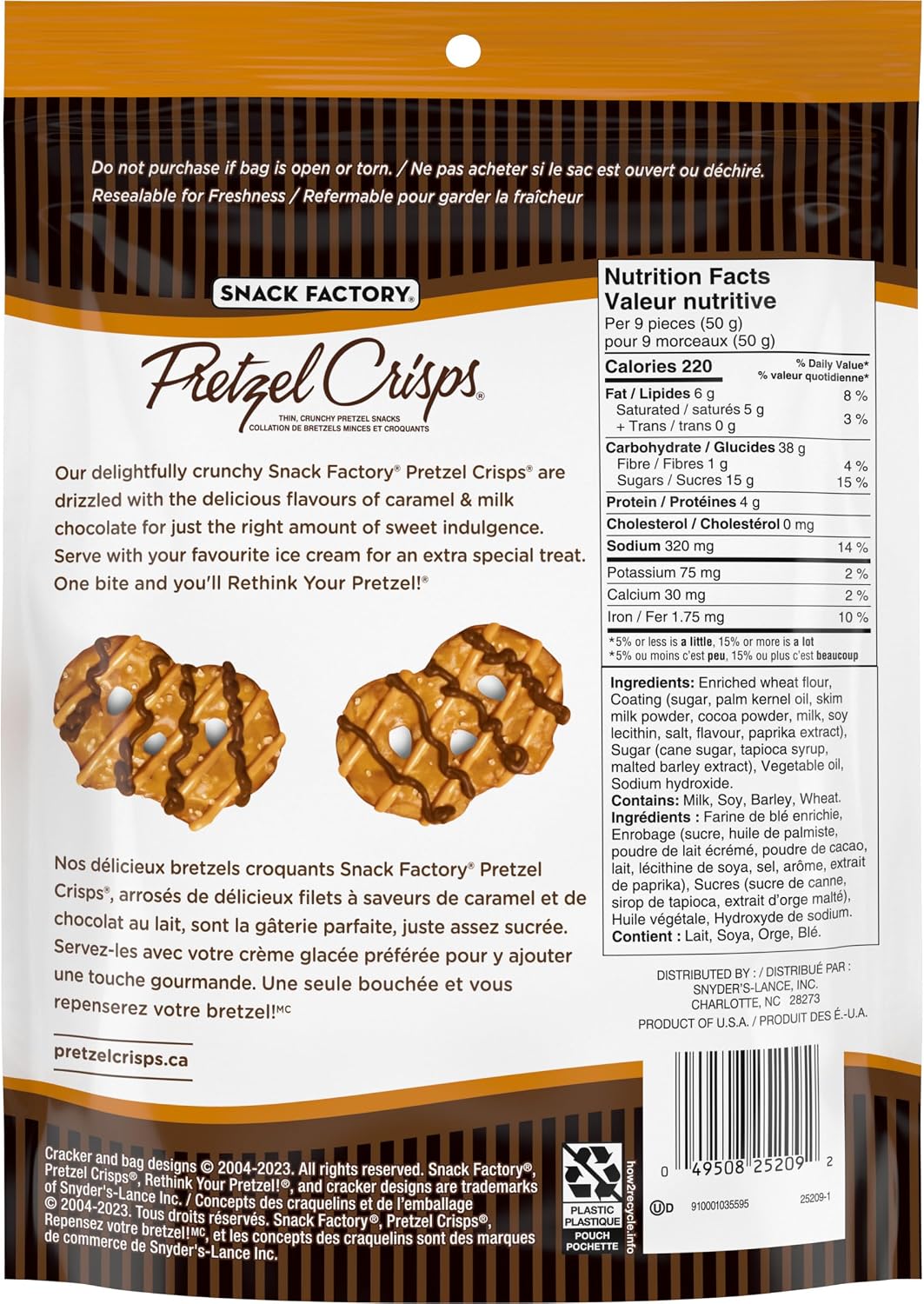 Snack Factory Pretzel Crisps - Milk Chocolate & Caramel Drizzlers 155 Grams