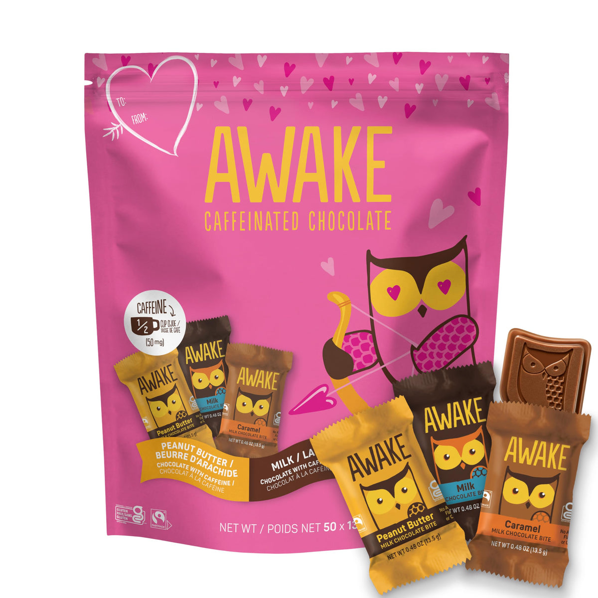 AWAKE - Caffeinated Chocolate Bites - Caramel Milk Chocolate, 50 Count - 50mg Caffeine - Individually Wrapped Energy Bites - Coffee Alternative - Fairtrade, Gluten Free, Non GMO - 0.48oz