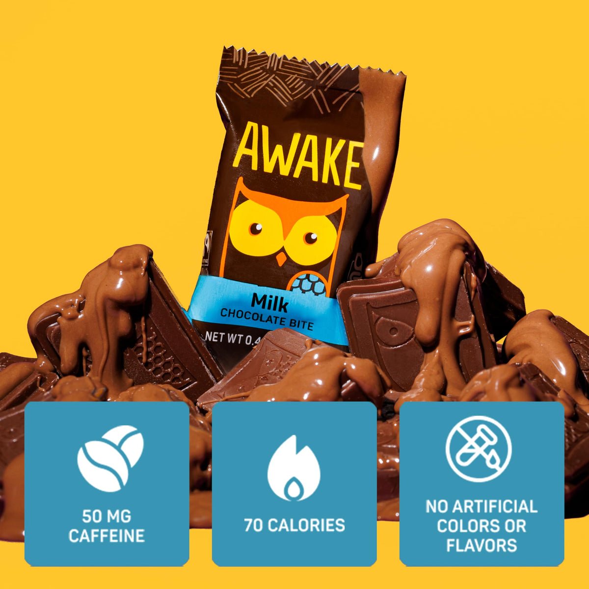 AWAKE - Caffeinated Chocolate Bites - Caramel Milk Chocolate, 50 Count - 50mg Caffeine - Individually Wrapped Energy Bites - Coffee Alternative - Fairtrade, Gluten Free, Non GMO - 0.48oz