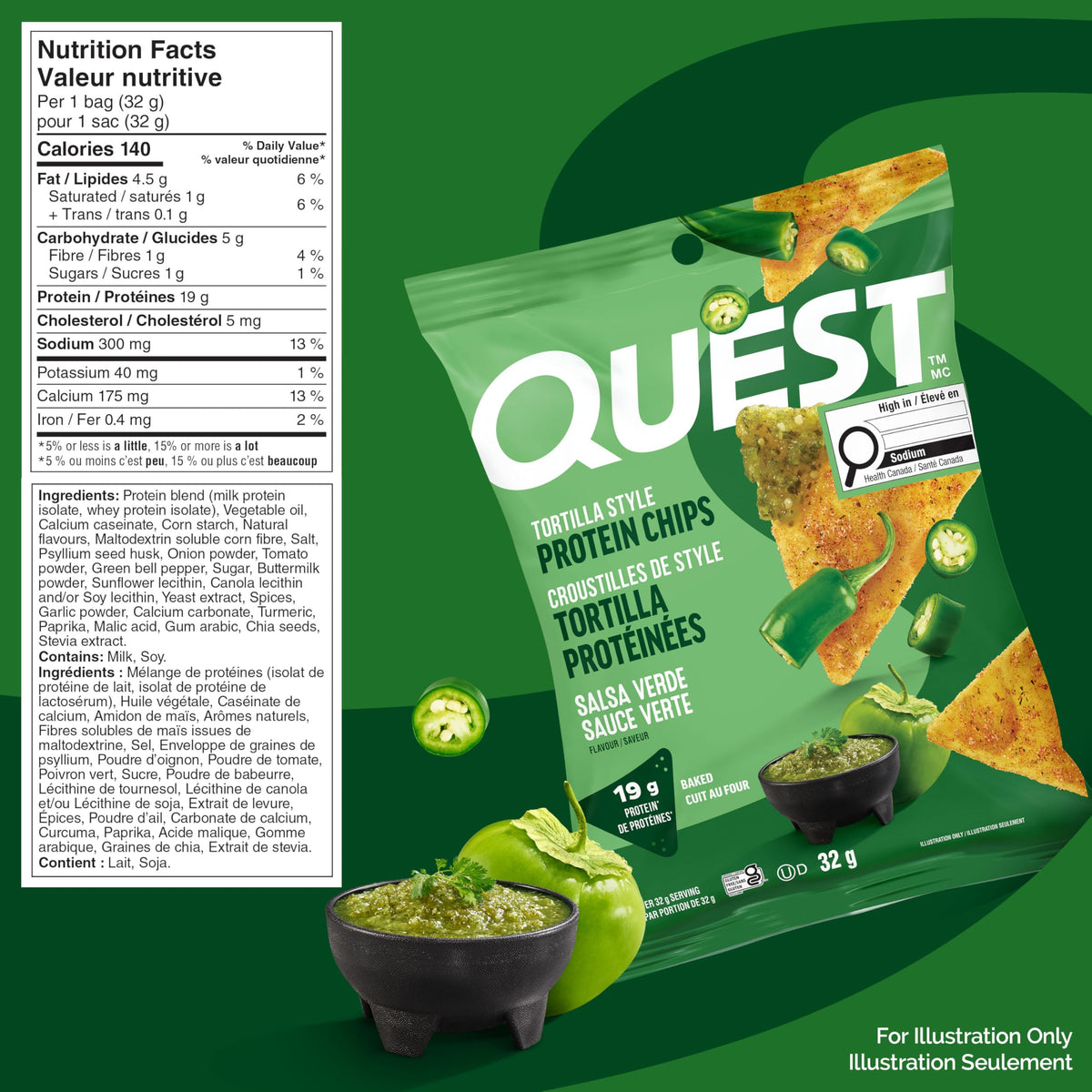 Quest Nutrition Chili Lime Flavour Tortilla Style Protein Chips, High Protein, Baked, Not Fried, Gluten Free, 1g Sugar, 4g Carbs, 8ct