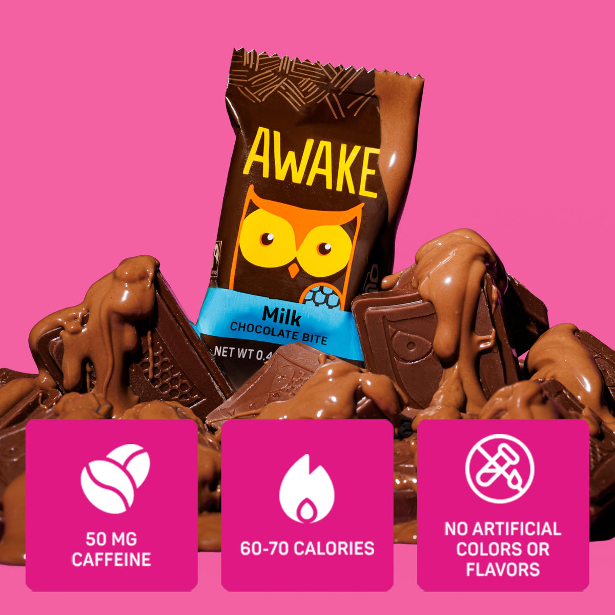 AWAKE - Caffeinated Chocolate Bites - Caramel Milk Chocolate, 50 Count - 50mg Caffeine - Individually Wrapped Energy Bites - Coffee Alternative - Fairtrade, Gluten Free, Non GMO - 0.48oz