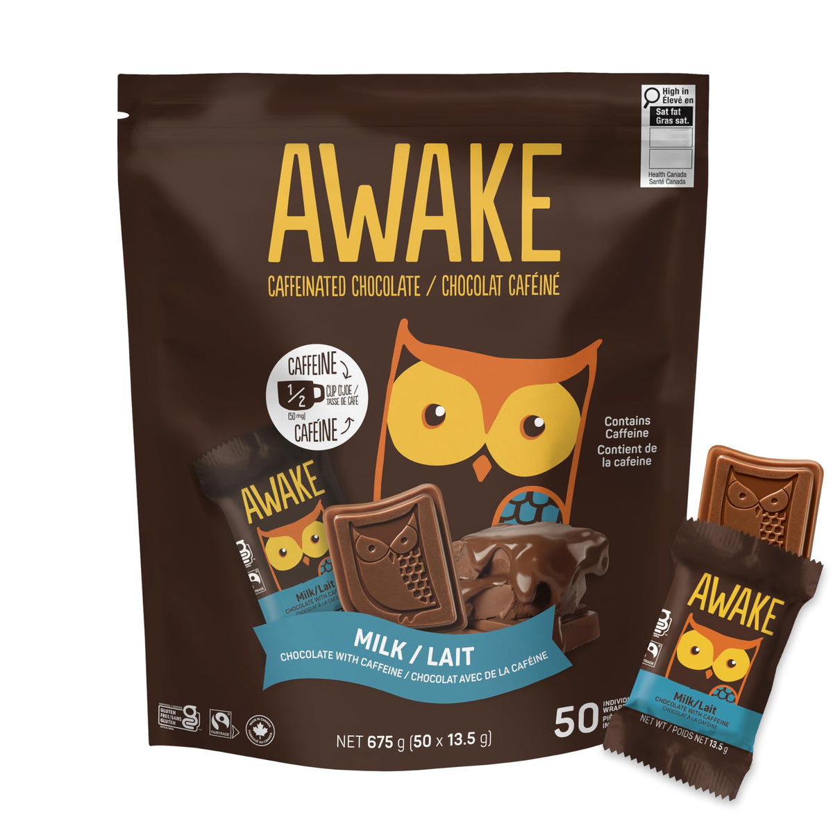 AWAKE - Caffeinated Chocolate Bites - Caramel Milk Chocolate, 50 Count - 50mg Caffeine - Individually Wrapped Energy Bites - Coffee Alternative - Fairtrade, Gluten Free, Non GMO - 0.48oz
