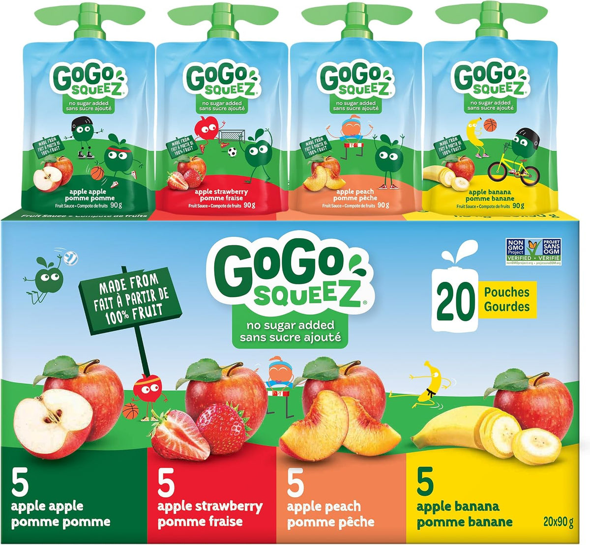 GoGo squeeZ Fruit Sauce Variety Pack, Apple, Strawberry, Peach, Banana, No Sugar Added. 90g per pouch, Pack of 20