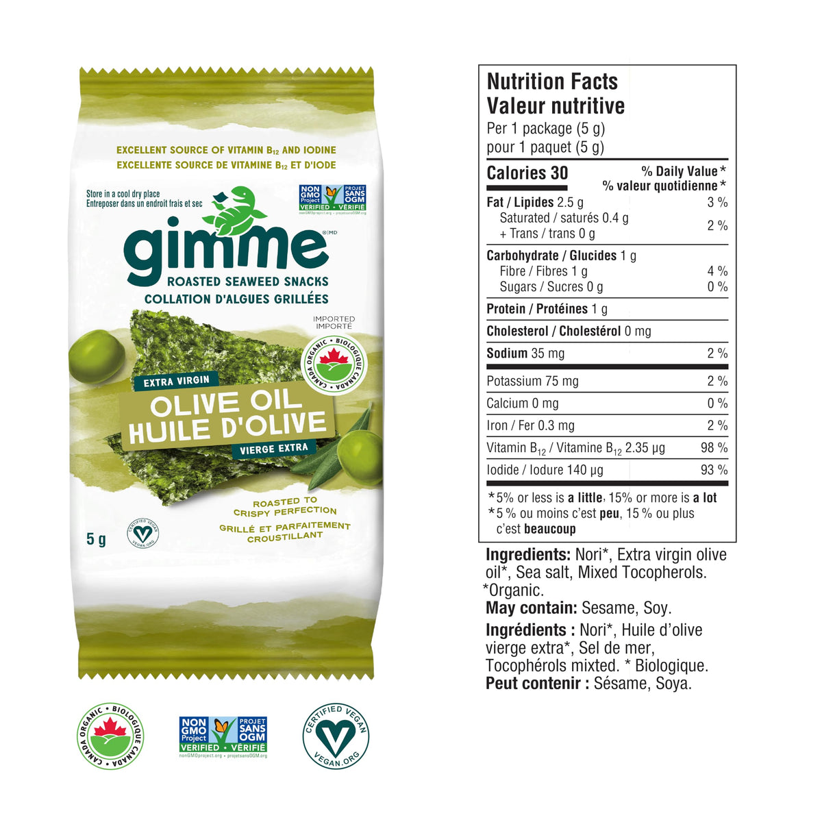 gimMe Organic Roasted Seaweed Sea Salt Favour Snacks 30g Multipack 6 x 5g