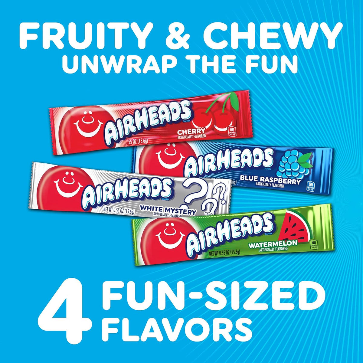 Airheads, Gravity Feed Assorted Candy - Box of 60 Individually Wrapped Bars, 15.6g per bar