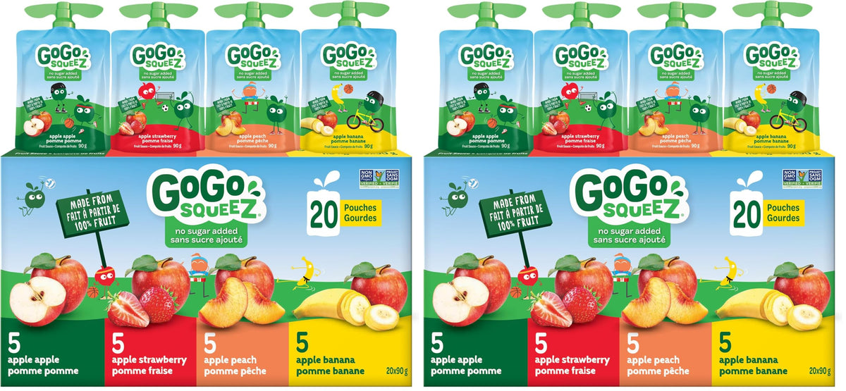 GoGo squeeZ Fruit Sauce Variety Pack, Apple, Strawberry, Peach, Banana, No Sugar Added. 90g per pouch, Pack of 20