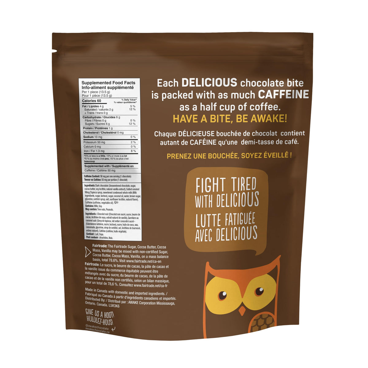 AWAKE - Caffeinated Chocolate Bites - Caramel Milk Chocolate, 50 Count - 50mg Caffeine - Individually Wrapped Energy Bites - Coffee Alternative - Fairtrade, Gluten Free, Non GMO - 0.48oz