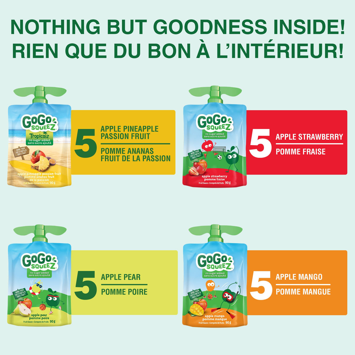 GoGo squeeZ Fruit Sauce Variety Pack, Apple, Strawberry, Peach, Banana, No Sugar Added. 90g per pouch, Pack of 20