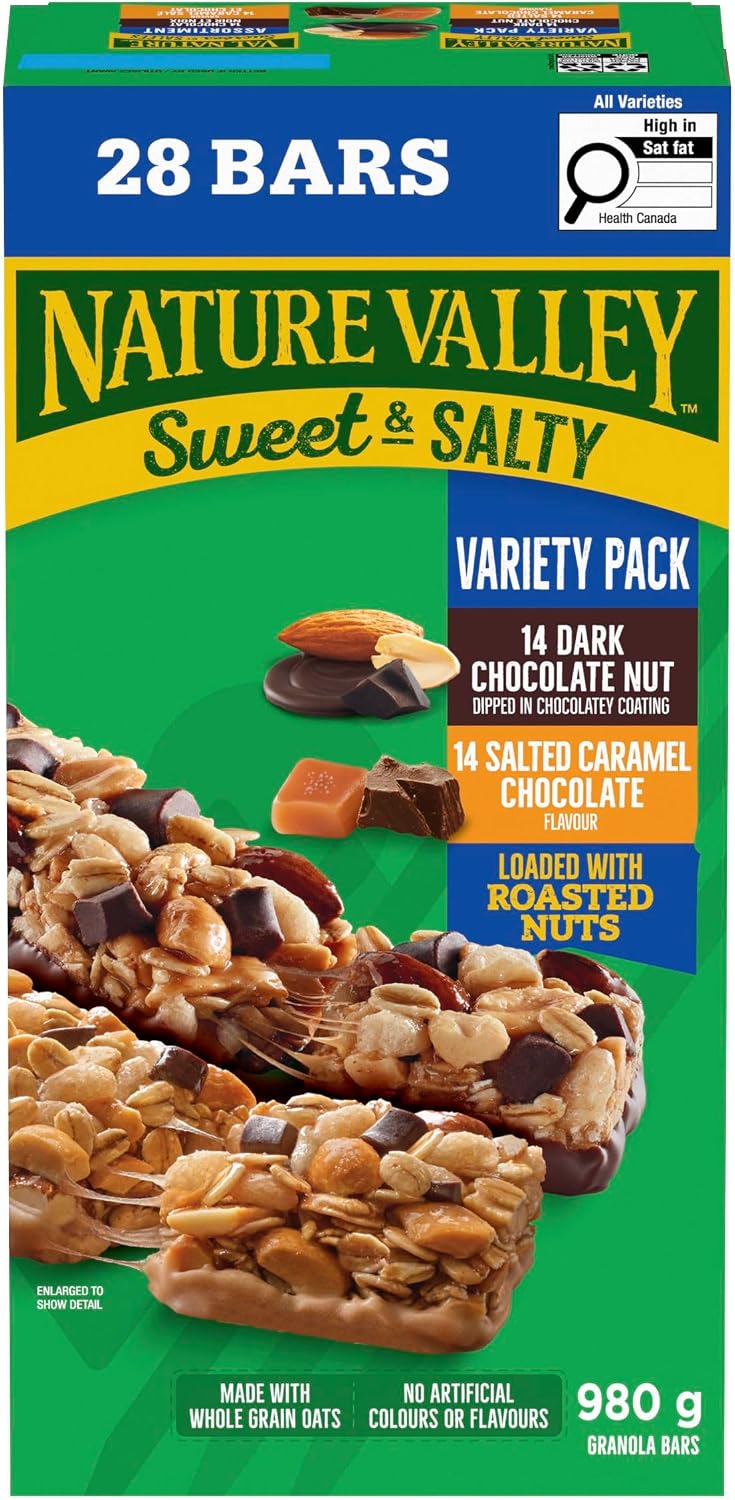 NATURE VALLEY - VALUE PACK - Dark Chocolate Nut and Salted Caramel Chocolate Chewy Nut Sweet and Salty Granola Bars Variety Pack, Pack of 28 Bars, 980 grams, Snack Bars, Made with Whole Grains