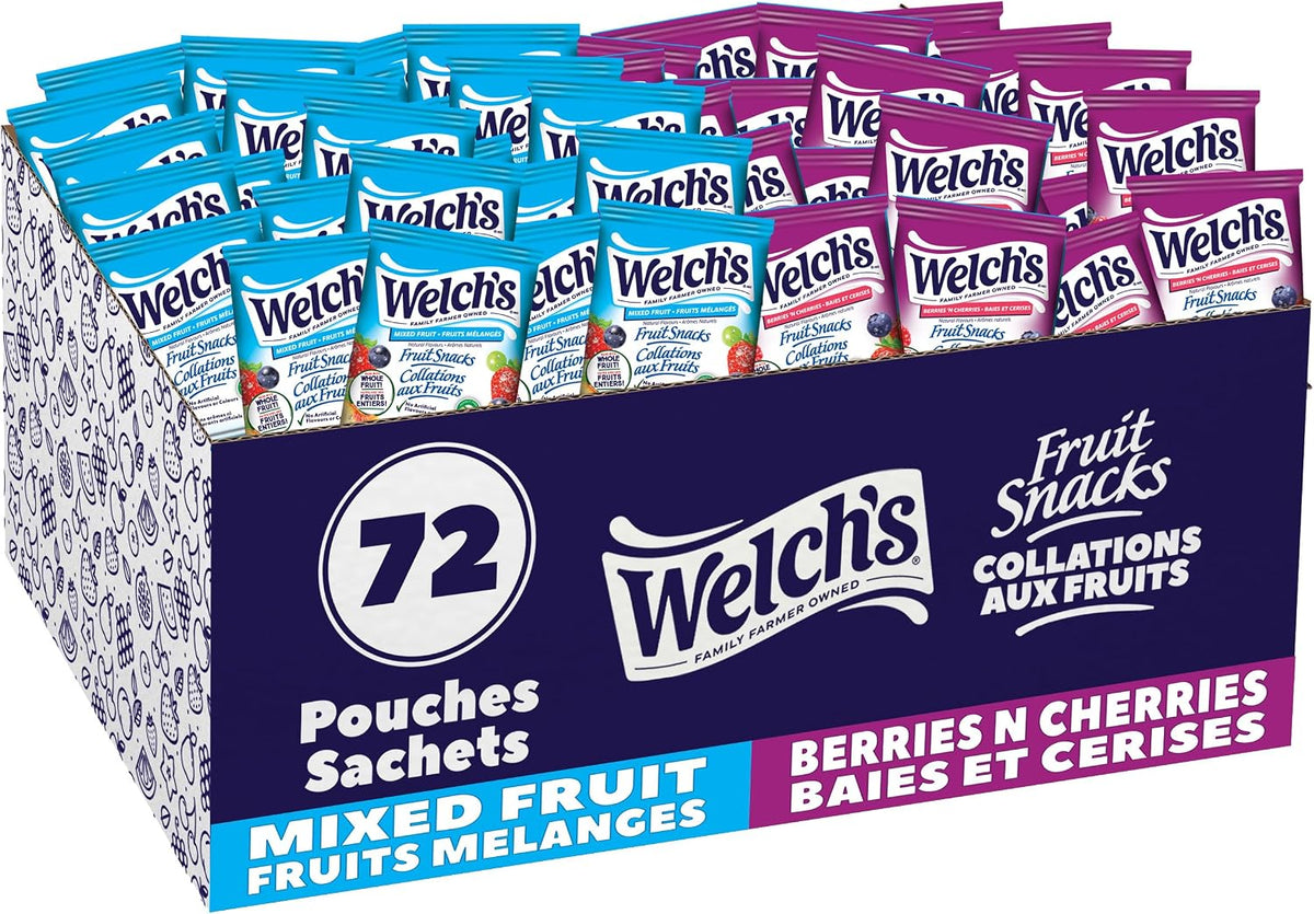 Welch's Fruit Snacks, Mixed Fruit & Berries 'N Cherries, Bulk Pack, Gluten Free, Individual Single Serve Bags, 22g (Pack of 72)